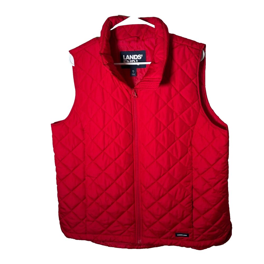 Lands' End Puffer Vest Jacket Women's XL Red Sleeveless Quilted Collared Zip